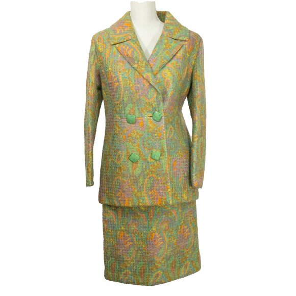 Vintage 60s Neon Skirt Set Acid Green Psychedelic Paisley Textured Hippie Suit - Picture 12 of 16